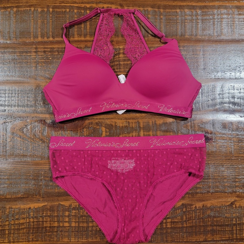 Victoria's Secret Bra & Panty Set 36B Logo Deep Berry Large Panty NEW wireless